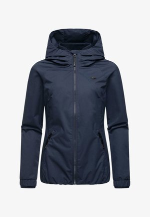 Veste imperméable bleu marine avec capuche, fermeture éclair sur le devant, poignets élastiques et poches latérales. Texture lisse et design ajusté.