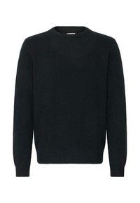 Zwarte ronde hals trui van een zachte gebreide stof. Lange mouwen, geribbelde cuffs en zoom met een gladde textuur en minimalistisch ontwerp.