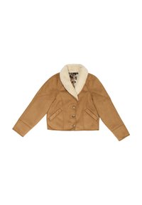 Chaqueta de ante sintético marrón con un cuello de piel sintética blanca, que presenta cuatro botones, dos bolsillos laterales y un forro de estampado de leopardo.