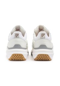 White and gray athletic shoes with mesh and synthetic material. Textured sole with rubber grip. Logo on heel and tongue details.
