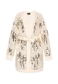 Beżowy kardigan z długimi rękawami ozdobiony cekinami w złotym i srebrnym kolorze. Posiada związany pasek w talii oraz otwarty przód.