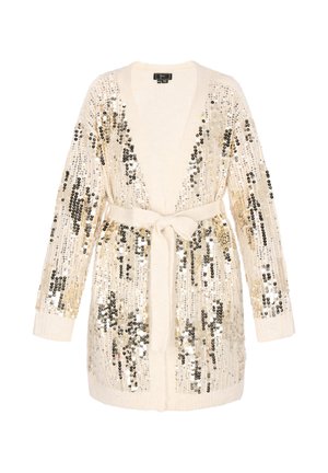 Beige Strickjacke mit langen Ärmeln, verziert mit Pailletten in Gold und Silber. Sie hat einen Bindegürtel in der Taille und ein offenes Frontdesign.