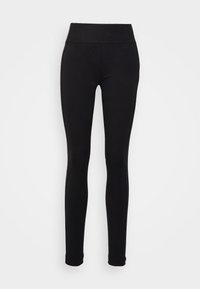 Svarta leggings med hög midja, tillverkade av stretchigt material. Slät textur, smal passform och inga synliga sömmar eller mönster.