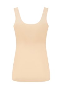 Beige mouwloos tanktop met een ronde halslijn, een gladde textuur en een getailleerd ontwerp. Geen zichtbare patronen of hardwaredetails.