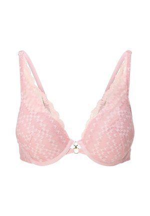 Růžový krajkový podprsenka s vzorem houndstooth, s hlubokým výstřihem, zvlněnými krajkovými okraji a zlatým kovovým detailem vpředu.