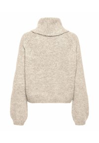 Maglione corto in maglia beige chiaro con un alto colletto a coste, spalle scese e maniche voluminose. Tessuto morbido e strutturato.