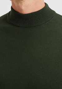 Dark green ribbed turtleneck sweater with a fitted neck. The fabric appears smooth and stretchy, suitable for layering or casual wear.