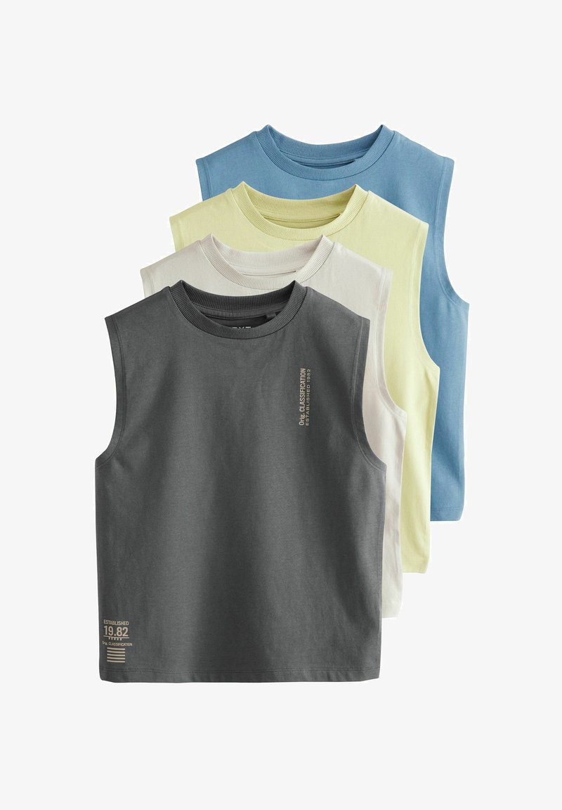 Quatre débardeurs à col rond sans manches en charbon, blanc cassé, jaune pâle et bleu clair empilés en ordre décroissant.