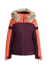 Giacca da sci viola e arancione con cappuccio in pelliccia sintetica, chiusura con zip, tessuto texturizzato e maniche lunghe con polsini regolabili.