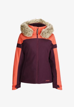 Lila-orange Skijacke mit einer Kunstfellkapuze, Reißverschluss, strukturiertem Stoff und langen Ärmeln mit verstellbaren Bündchen.