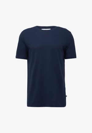 Navy blue cotton crew neck t-shirt, short sleeves, lightweight texture, simple design, no patterns or embellishments. Tag visible at hem.