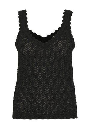 Débardeur noir en tricot avec un motif en diamant, des bords festonnés et un décolleté en V. Texture douce avec de larges bretelles pour plus de confort.