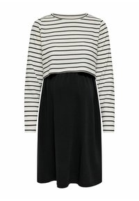 Vestido de manga larga con parte superior a rayas horizontales en blanco y negro y falda negra sólida, con un corte suelto y cómodo.