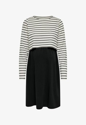 Garās piedurknes kleita ar melnbaltu horizontālu svītru augšu un vienkrāsainu melnu svārku, kas piedāvā brīvu, ērti pieguļošu griezumu.