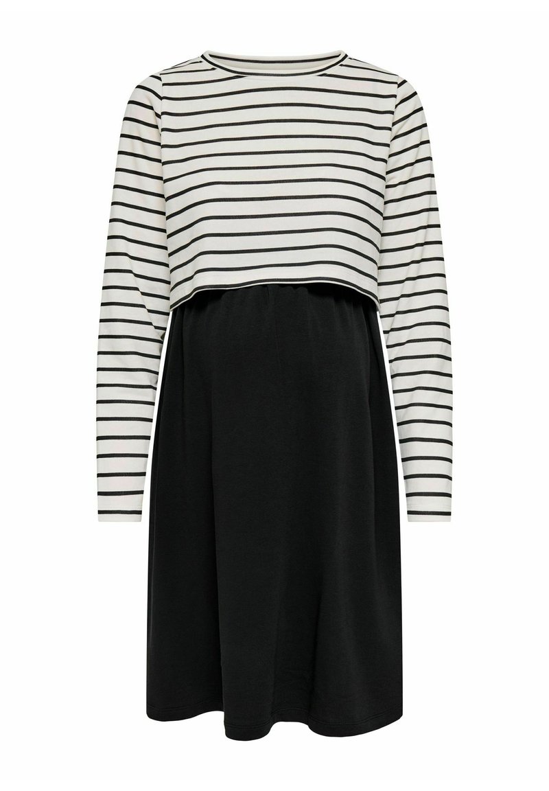 Vestido de manga larga con parte superior a rayas horizontales en blanco y negro y falda negra sólida, con un corte suelto y cómodo.