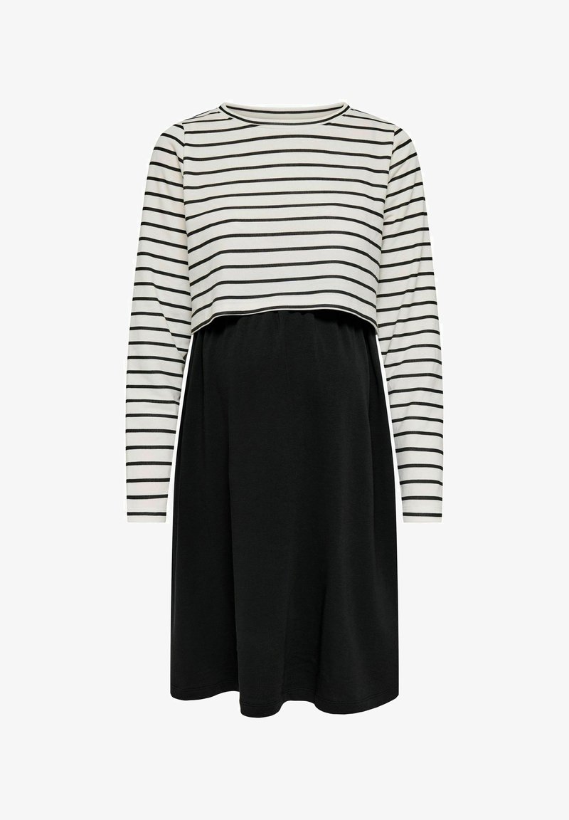 Vestido de manga larga con parte superior a rayas horizontales en blanco y negro y falda negra sólida, con un corte suelto y cómodo.