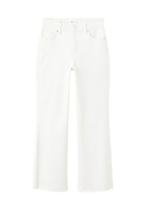 Witte jeans met hoge taille en rechte pijpen, uitgevoerd in een vijfzakkenmodel, met knoopsluiting en onafgewerkte zoomdetails bij de enkels.