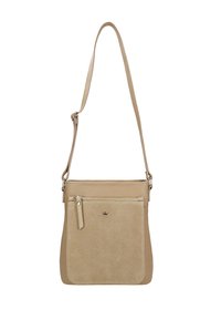 Borsa a tracolla in pelle beige con finitura texture, dotata di tasca frontale, chiusura con zip e tracolla regolabile.