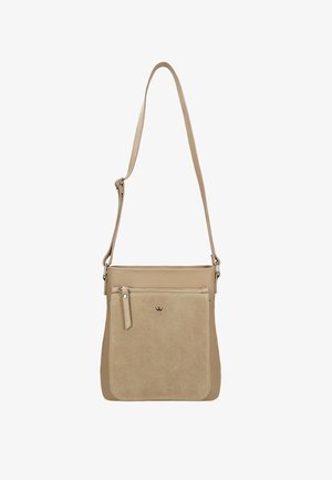 Beige leren crossbody tas met een gestructureerde afwerking, voorzien van een voorvak, ritssluiting en verstelbare schouderband.