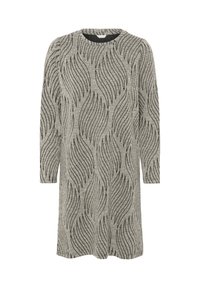 Graues Kleid mit Wellenmuster in Schwarz, runder Ausschnitt und Dreiviertelärmel aus weichem Stoff, der eine lockere Passform bietet.