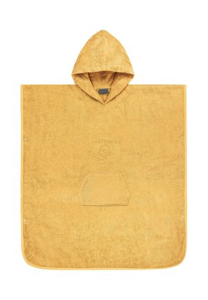 Gelber Frottee-Kapuzenponcho mit Fronttasche und Druckknöpfen an den Seiten für eine verstellbare Passform.