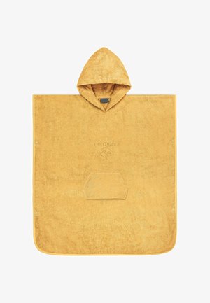 Gelber Frottee-Kapuzenponcho mit Fronttasche und Druckknöpfen an den Seiten für eine verstellbare Passform.