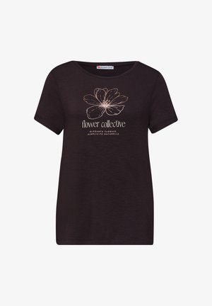 T-shirt noir à manches courtes avec une fleur dessinée en ligne beige et le texte « flower collective » avec un sous-titre en français en dessous sur le devant.