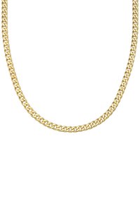Guldfärgad kedjehalsband med en platt curb-design, slät yta och sammanlänkade länkar som ger ett enhetligt utseende.
