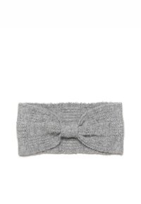Diadema de punto en gris con un acabado texturizado y un detalle de lazo central, hecha de un material suave, con una forma ancha y plana.