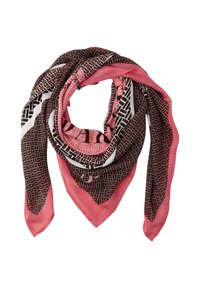 Kvadratisk tørklæde med et geometrisk brunt mønster på en lyserød baggrund, med en glat tekstur og kontrasterende kant i en ensfarvet lyserød farve.