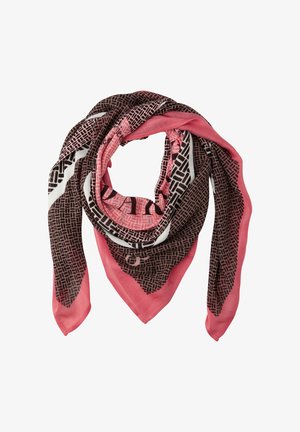 Kwadratowa chusta z geometrycznym brązowym wzorem na różowym tle, o gładkiej fakturze i kontrastowym obszyciu w jednolitym różowym kolorze.