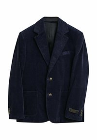 Navy Corduroy-Sakko mit Reverskragen, zwei vorderen Taschen und Dreiknopfverschluss, mit einem Logo-Label am linken Ärmel.