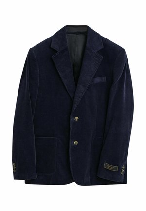 Marineblauwe corduroy blazer met een notch-kraag, twee voorkruiszakken en een drukknoopsluiting met drie knopen, voorzien van een logootag op de linkerarm.