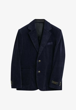Navy Corduroy-Sakko mit Reverskragen, zwei vorderen Taschen und Dreiknopfverschluss, mit einem Logo-Label am linken Ärmel.