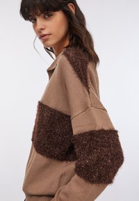 Maglione marrone lavorato a maglia con dettagli di pelliccia marrone ispida sulle maniche. Presenta un colletto tipo polo e una vestibilità comoda. Texture liscia con un design stratificato.