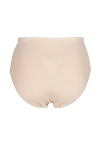 Beige högmidjade shapewear med slät textur, elastisk midjeband och samlad ryggdetalj. Ger bekväm stöd.