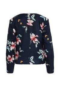 Granatowa marynarka z długim rękawem w różowo-białe kwiatowe wzory, z liśćmi i małymi żółtymi kwiatkami, pokazana z tyłu.
