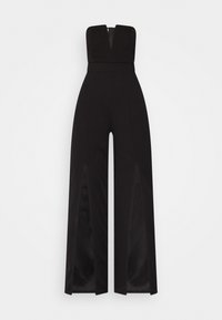 Black strapless jumpsuit with a deep V-neckline, fitted waist, wide-leg pants, and side slits for added movement and detail.