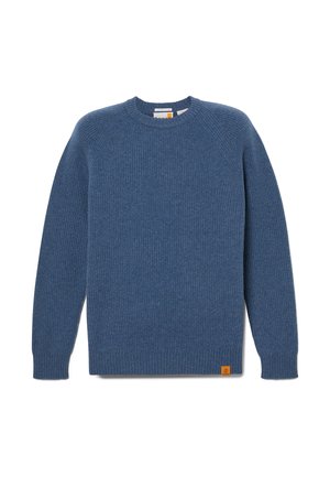 Maglione azzurro a costine con scollatura a girocollo e maniche lunghe. Presenta una finitura testurizzata e un piccolo logo marrone ricamato in basso a sinistra.
