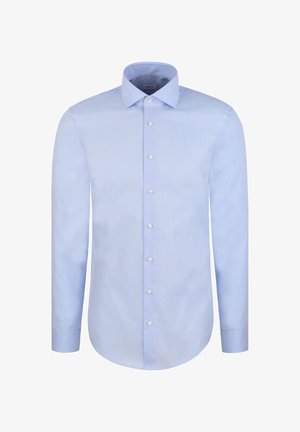 Lichtblauw overhemd met lange mouwen, gemaakt van stof met een subtiele textuur. Heeft een klassieke kraag en witte knopen aan de voorkant.