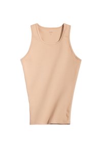 Beige tank top made from soft cotton, featuring a classic sleeveless design, rounded neckline, and smooth texture with no patterns or accents.