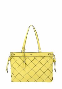 Sac fourre-tout en cuir tissé jaune avec bordure noire, doubles anses d'épaule, cordons latéraux et un logo métallique simple sur le devant.