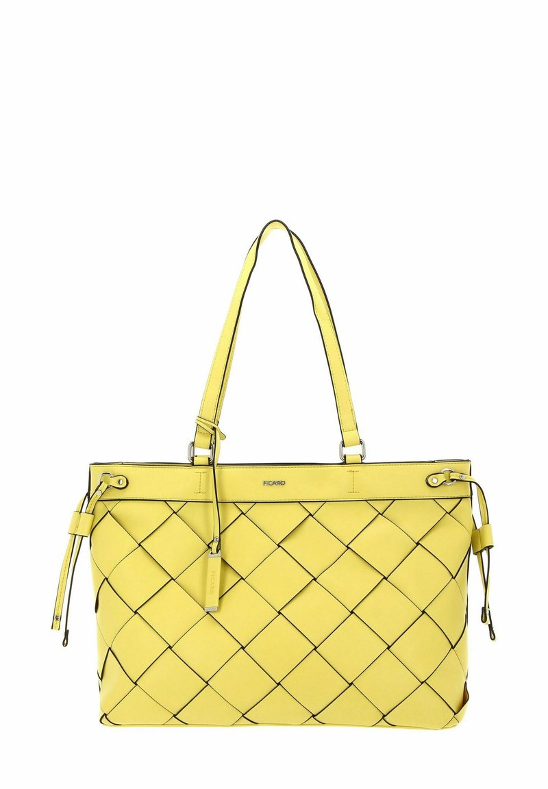 Sac fourre-tout en cuir tissé jaune avec bordure noire, doubles anses d'épaule, cordons latéraux et un logo métallique simple sur le devant.