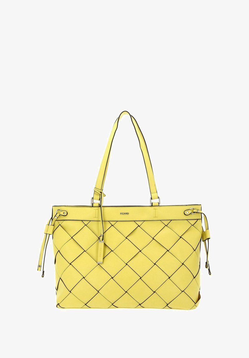 Sac fourre-tout en cuir tissé jaune avec bordure noire, doubles anses d'épaule, cordons latéraux et un logo métallique simple sur le devant.