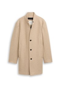 Beige wollen mix jas met een staande kraag, enkelvoudige sluiting en twee zijzakken. Heeft een textuur stof en zwarte knopen.