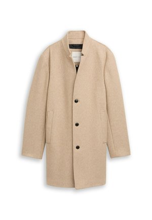 Beige wollen mix jas met een staande kraag, enkelvoudige sluiting en twee zijzakken. Heeft een textuur stof en zwarte knopen.