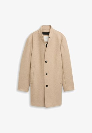 Beige wool-blend coat with a stand collar, single-breasted design, and two side pockets. Features textured fabric and black buttons.
