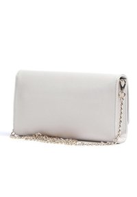 Metallic silver clutch bag with textured leather, rectangular shape, and a detachable silver chain strap. Seamless design with a clasp closure.