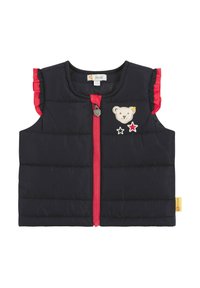 Gilet senza maniche imbottito nero con rouches rosse, chiusura frontale con zip, orso ricamato e stelle, e un'etichetta con logo all'orlo.