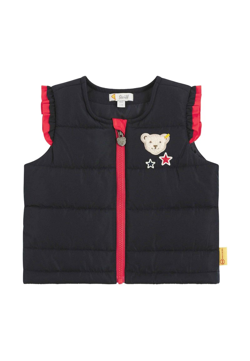 Gilet senza maniche imbottito nero con rouches rosse, chiusura frontale con zip, orso ricamato e stelle, e un'etichetta con logo all'orlo.